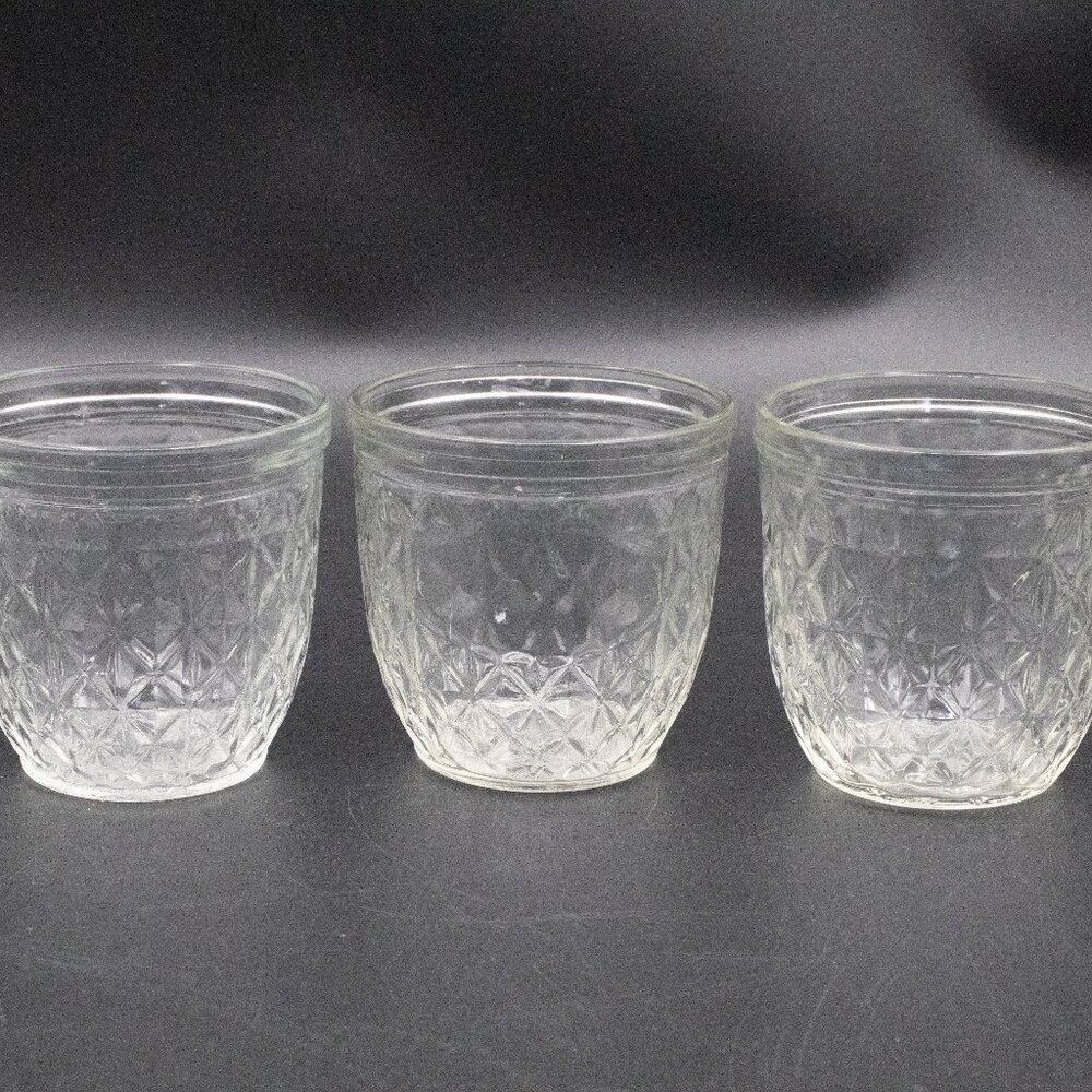 Vintage Ball Quilted Crystal Half Pint Clear Glass Jelly Jars Lot of 3 No Lids